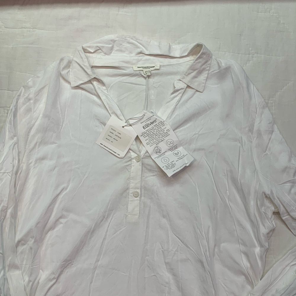 NWT Beachlunchlounge White EcoVero Collared V-Neck Dress Tee |‎ Size XL